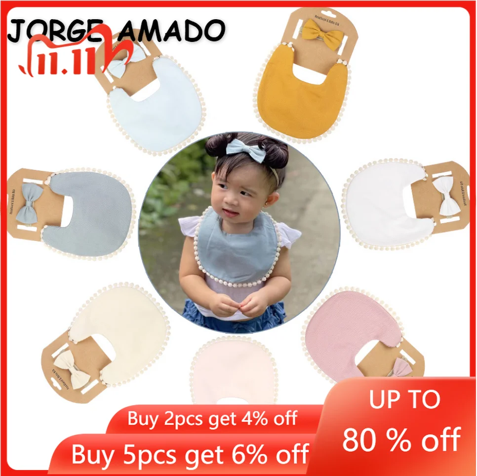 

Baby Girls Boys Bibs 2Pcs Headband Saliva Towel Solid Color Double Side Bibs+Headwear Bandana Burp Feeding Smock Stuff E055