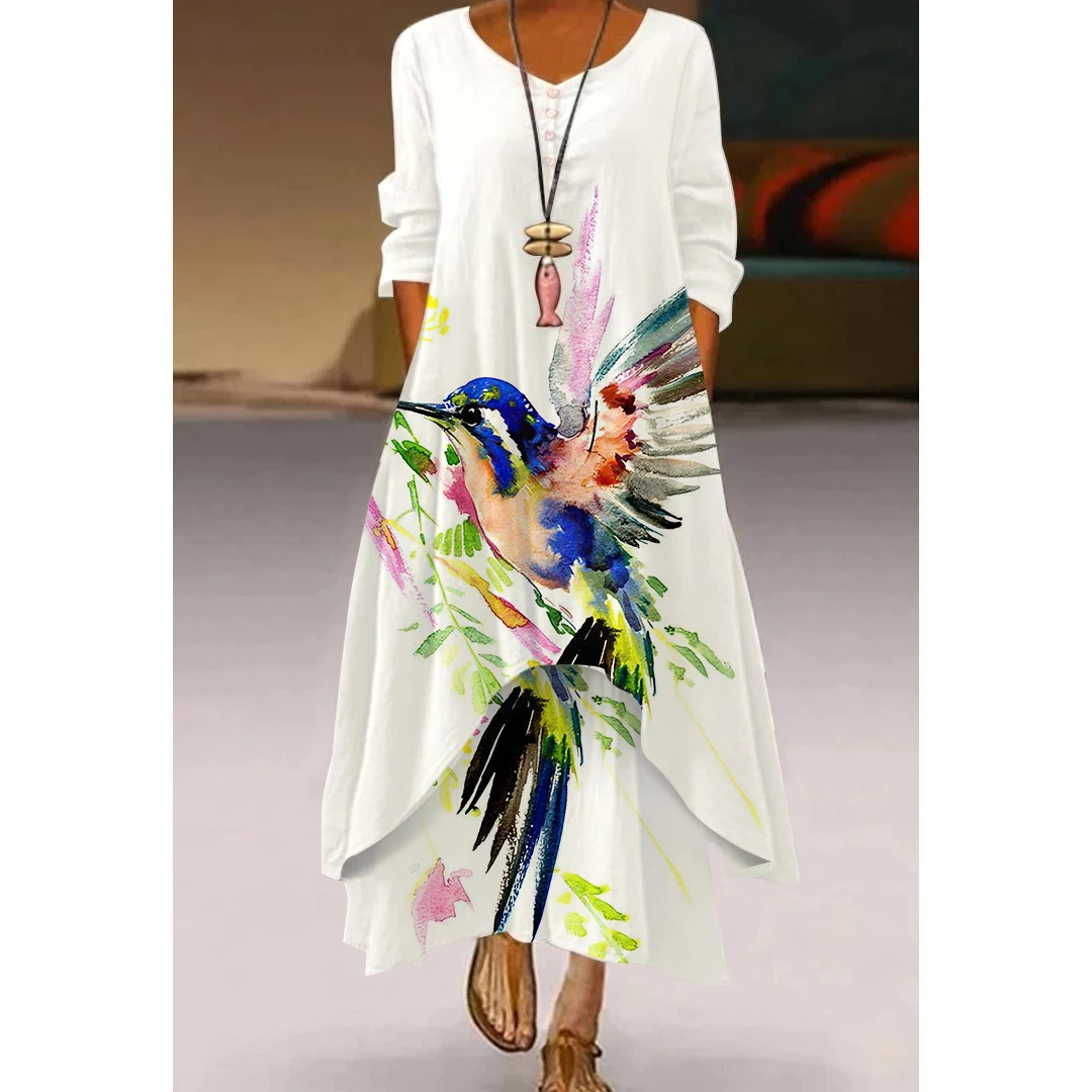 

Dandelion Print Summer Sexy Floral Dress Women Fashion Maxi Vestito Casual Bird Elegant Dresses Long Sleeve Women's Long Dress