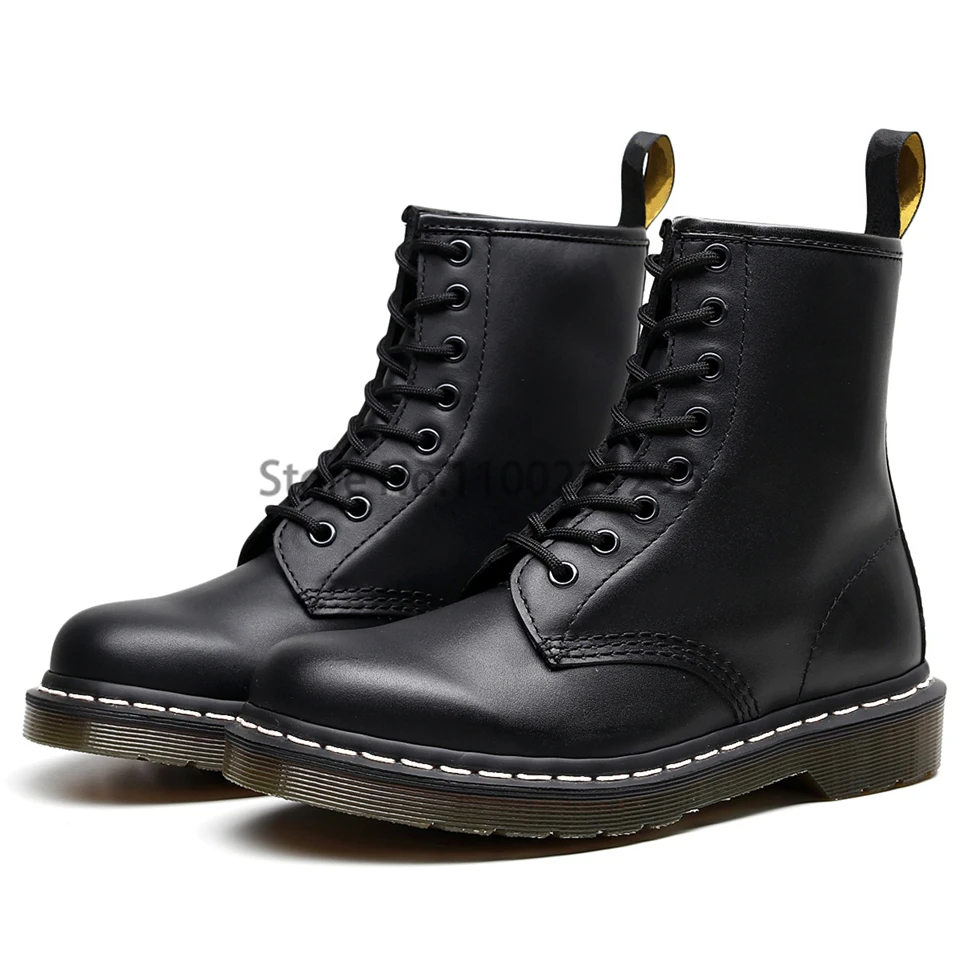 

Black Women Ankle Leather Boots Economical Men Work Boot Unisex Motorcycle Flat Shoes Trend Classic Female Footwear Big Size 46