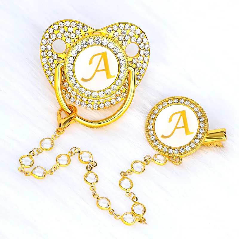 

Bling Luxury 26 Name Initial Letter Baby Pacifier with Chain Clip BPA Free Silicone Newborn Infant Nipple Gold Dummy Soother