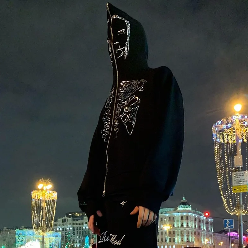 

NEW Rhinestone Skull Hoodies for Women Men Gothic Black Zip Up Oversized Sweatshirts Y2K Retro Harajuku Hooded Jacket Streetwear