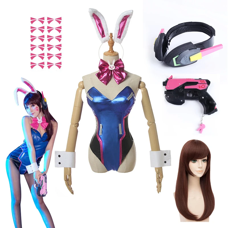 Game Dva Cosplay Costumes Bodysuit Wig Headphone Gun Woman PU Leather Bunny Girl Jumpsuit Zentai Suit Halloween Cosplay Props