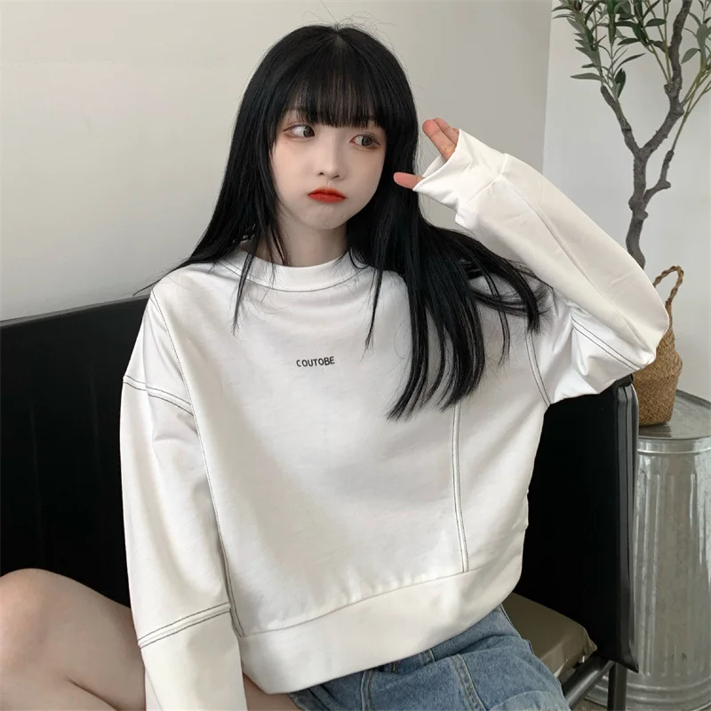 

Повседневная Женская толстовка с буквенным принтом, пуловеры с круглым вырезом и длинными рукавами, свободная Женская одежда, корейская мо...