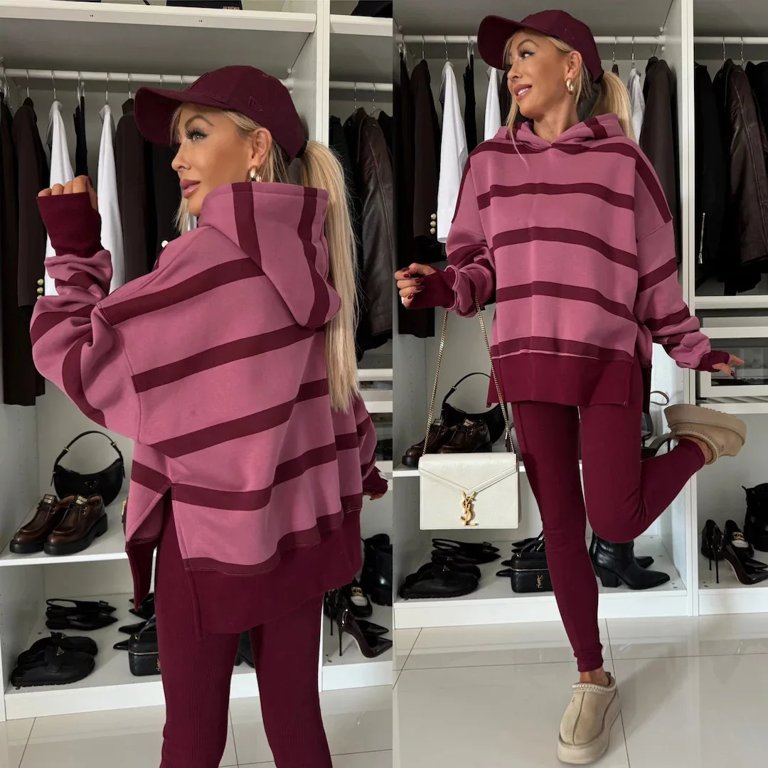 Casual Loose Striped Print Hooded Sweatshirt Women's Set Fashion Pullover + Pencil Pants 2-piece Women Sports Outfit