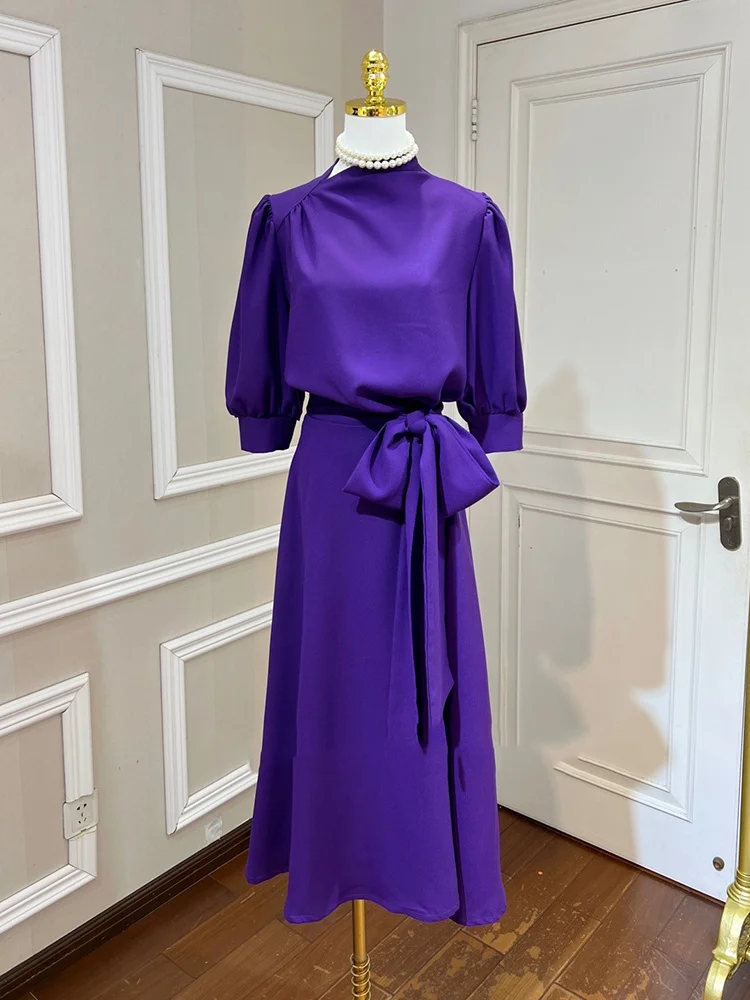 2022 New Summer Women Dress Purple Solid Mid Lantern Sleeve With Belt High Waist Elegant Fashion Dresses Vintage