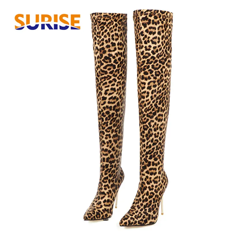 Plus Size Stretch Leopard Over Knee Boots High Thin Heels Pointed Toe Winter Fur Sexy Ladies Long Thigh-high Sock Boots Stripper