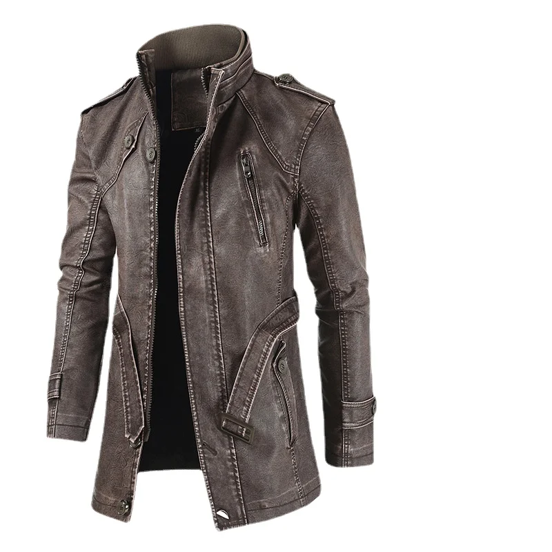 

Y2k New Men's Velvet Warm Stand Up Collar Casual Zippered Cardigan Mid-length PU Leather Jacket Biker Jacket Men Men Clothing