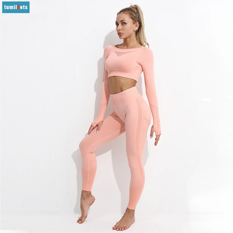 

Комплект женский бесшовный из топа и леггинсов с высокой талией