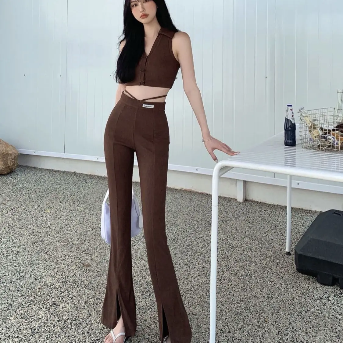 

Y2k Side Cutout Flare Pant Suits with Crop Top Sexy Brown Two Piece Set Women Summer Club Outfits 2022 Piece Sets Womens Outfits