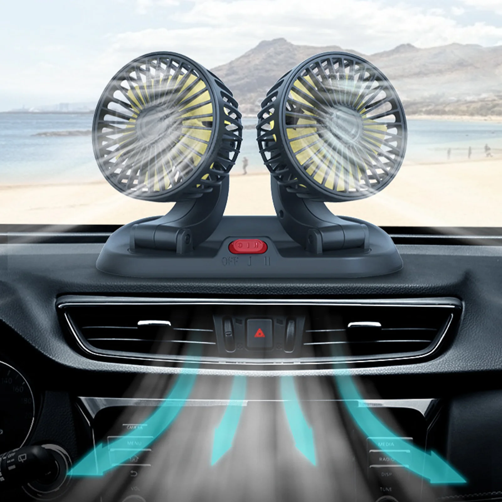 

Электрический автомобильный вентилятор с двойной головкой, вращающийся на 360 градусов, портативный автомобильный вентилятор, USB-вентилятор...