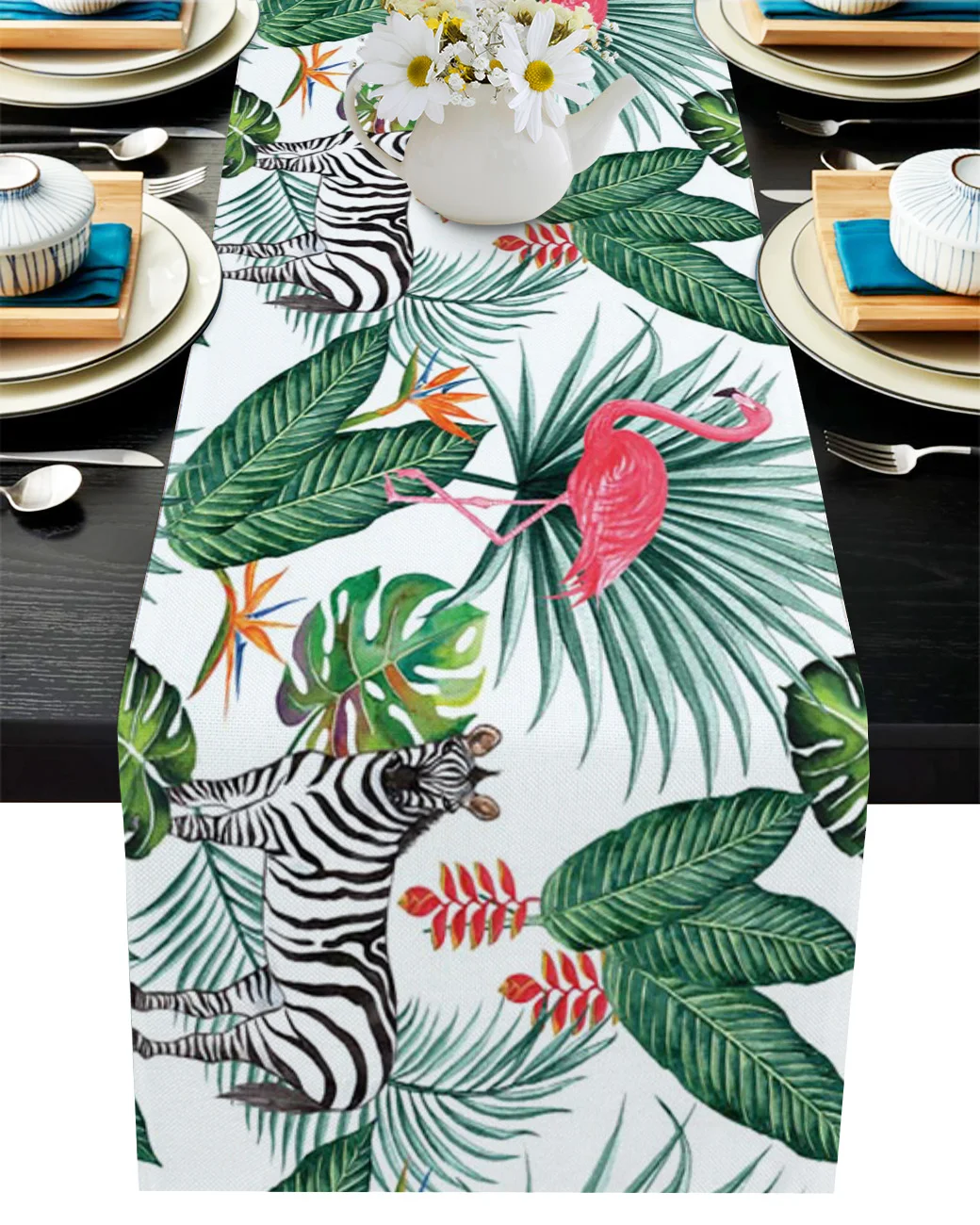 

Zebra Flamingo Green Tropical Jungle Table Runner Decoration Home Decor Dinner Table Decoration Table Runners Tassel