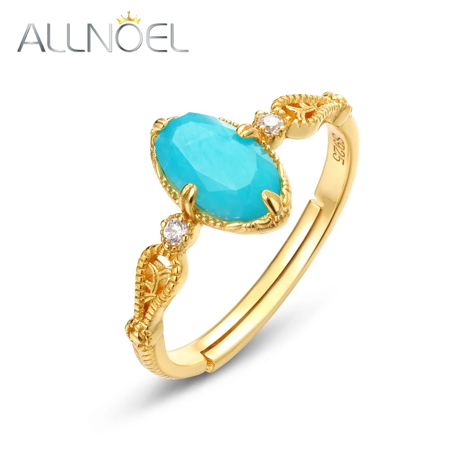 

ALLNOEL Natural Oval Amazonite 925 Sterling Silver Resiable Rings For Women Blue Gemstone Vintage Elegant Gifts Fine Jewelry