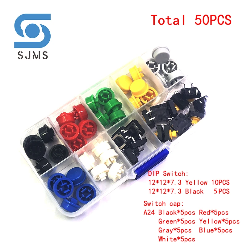 

9 types =50PCS Tactile Push Button Switch Momentary 12*12*7.3mm B3F-4055 Micro Switch Button + A24 Color Round Tact Cap 7 colors