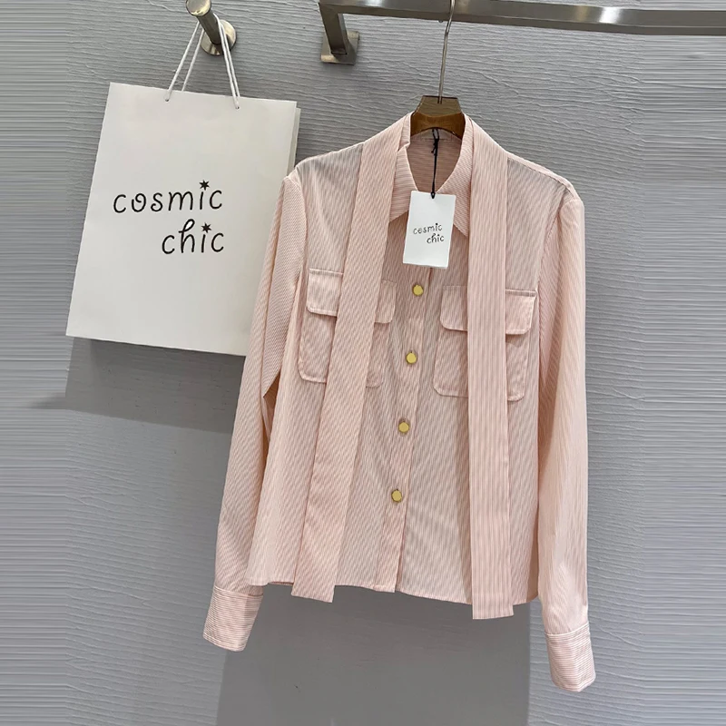 

Early Autumn Runway Pink Striped Blouse Fashion Casual Singel Breasted Lapel Shirt Office Elegant Chic Women Long Sleeve Clothes