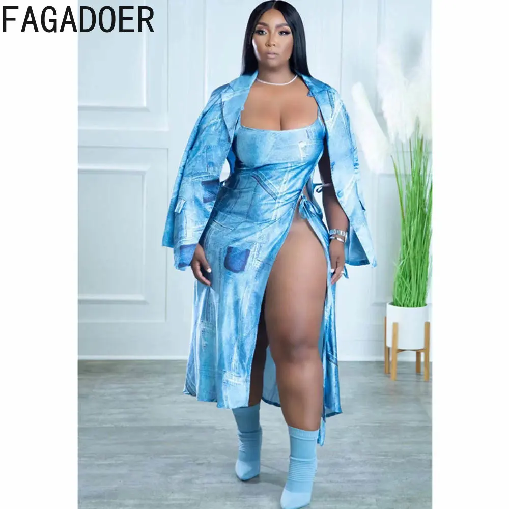 

FAGADOER Fashion Print Suspender High Side Slit Dress And Long Sleeve Coat Two Piece Sets Women Outfits Casual Matching Outfits