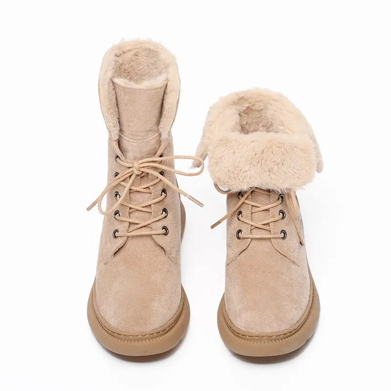 

Winter Warm Snow Boots Women Shoes with Fur Suede Leather Rubber Non-slip Bottom Large Size Unisex Retro Boots