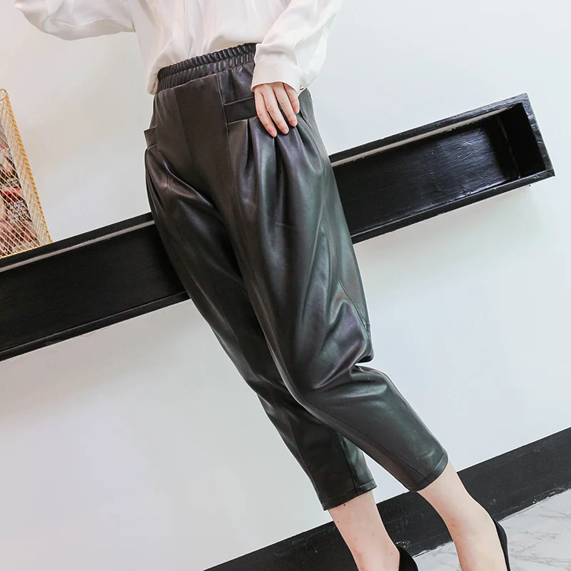 

Leather Loose Harem Real Pants Women Fashion Black Sheepskin Genuine Leather Ladies Ankle Length Trousers Female Streetwear
