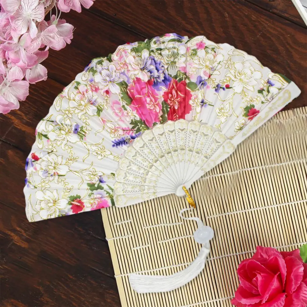 

2023, винтажный шелковый веер с цветочным узором, декоративный веер для свадебной вечеринки, китайский, японский, бамбуковый, с кисточкой, веер для танцев, ручной веер Ritico de mano