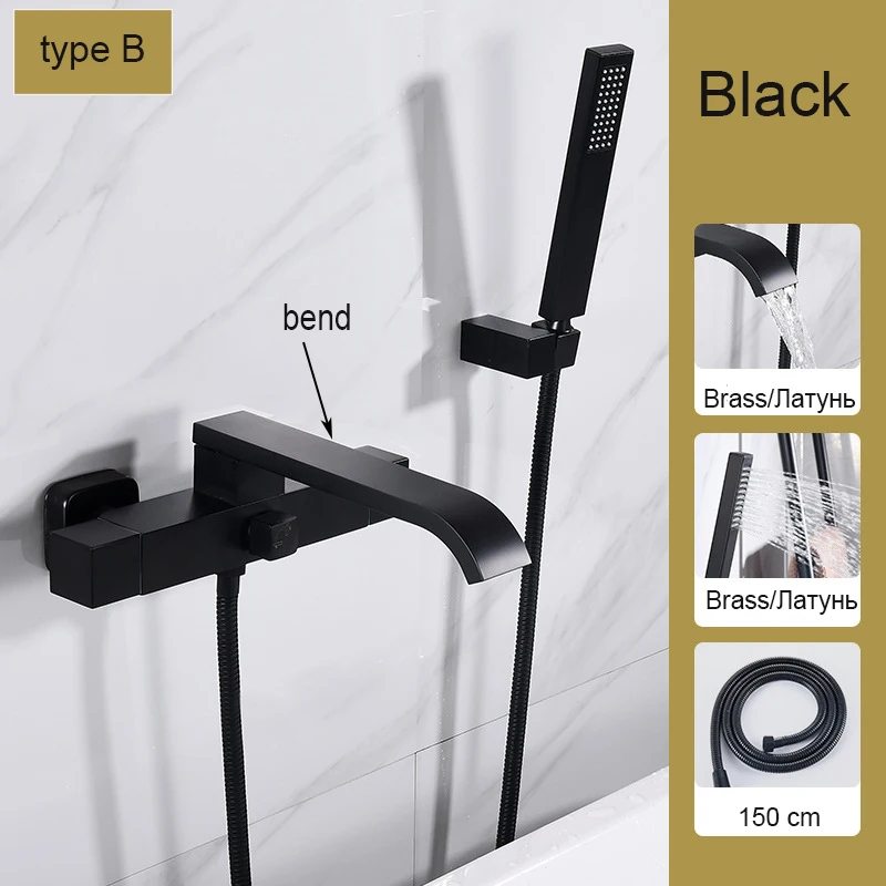 

Черный смеситель для ванны с длинным носиком, настенный, для холодной и горячей воды, две функции, латунь может вращаться