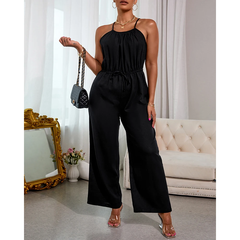 

Elegant Halter Sleeveless Backless Wide Leg Jumpsuit Women Summer Casual U Neck Backless Jumpsuit Wide Leg Rompers