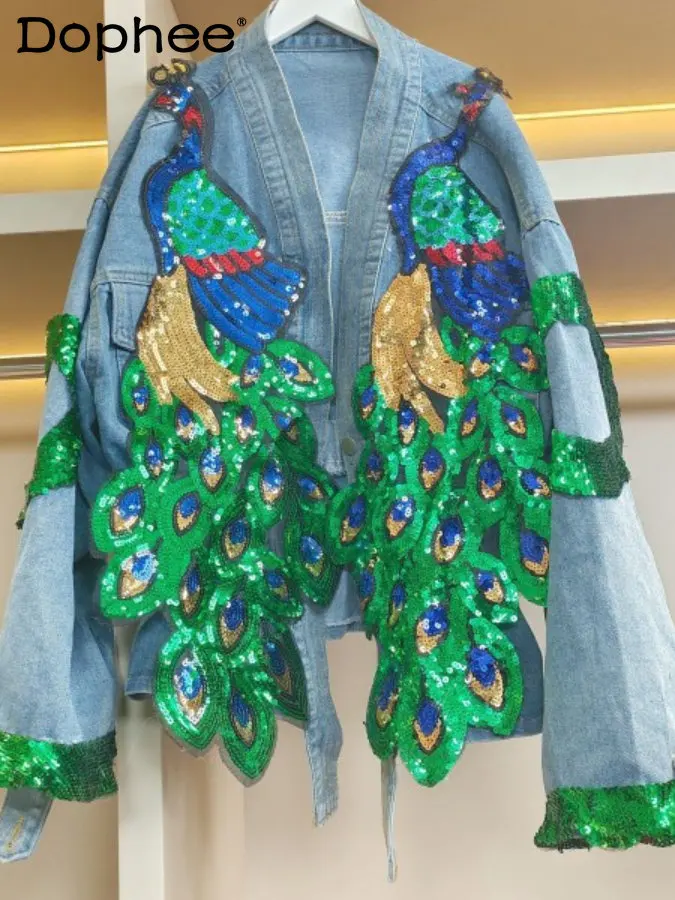 Elegant V-neck Heavy Embroidery Sequins Embroidered Peacock Denim Jacket Women 2023 Spring New Elastic Waisted Jeans Coat Top