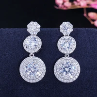 sparkling cubic zirconia round dangle drop high quality zircon earrings silver color women wedding party jewelry
