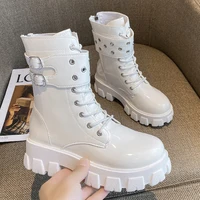 women motorcycle short boots 2022 autumn winter woman shoes platform buckle lace up white leather goth punk booties botas mujer