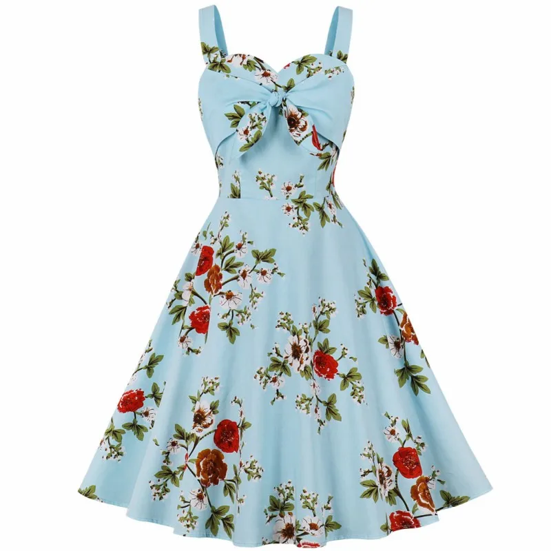 

Women Summer Vintage Robe Pin Up Swing Dress Flower Print Halter Pleated Sleeveless Rockabilly Tunic Dresses Female Vestidos