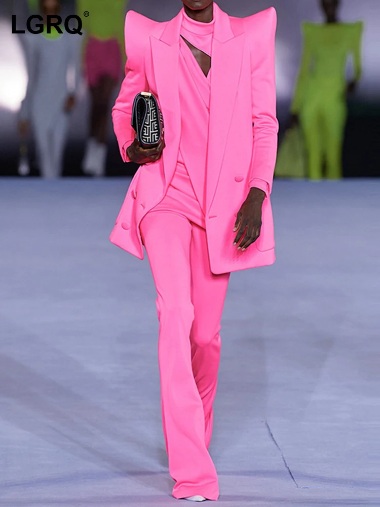 

LGRQ 2023 Autumn New Fashion Women's 2 Pcs Set Solid Loose Notched Long Sleeve Suit High Waist Straight Pants Female 19J2122