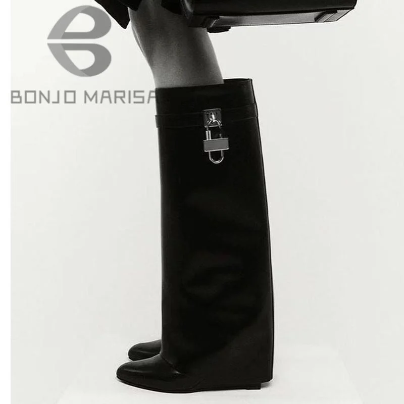 

Women Brand Luxury Knee High Boots Lock Deisign Wedges Folded Fashion Heeled Boots Autumn Winter Shoes Big Size 43