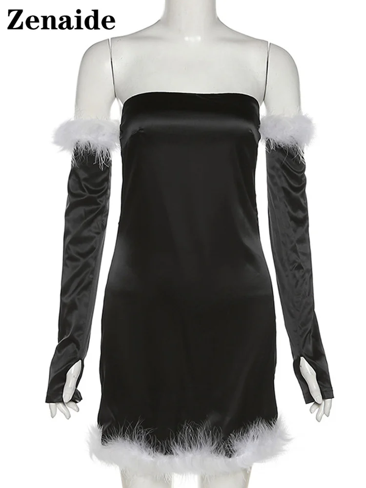Женское облегающее мини-платье Zenaide Furry с рукавом осенне-зимнее черное пушистое