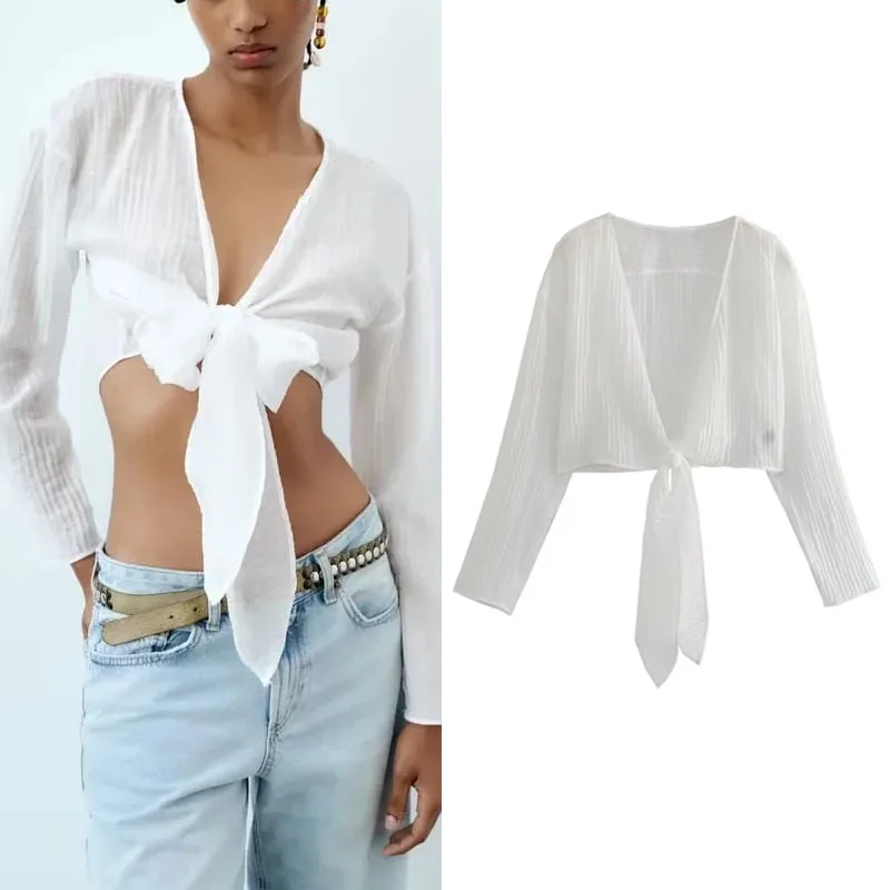

TRAF Knot Crop Top Women 2023 Summer Sexy V-Neckline Woman Clothing Long Sleeves White Blouse Front Bow Tops Black