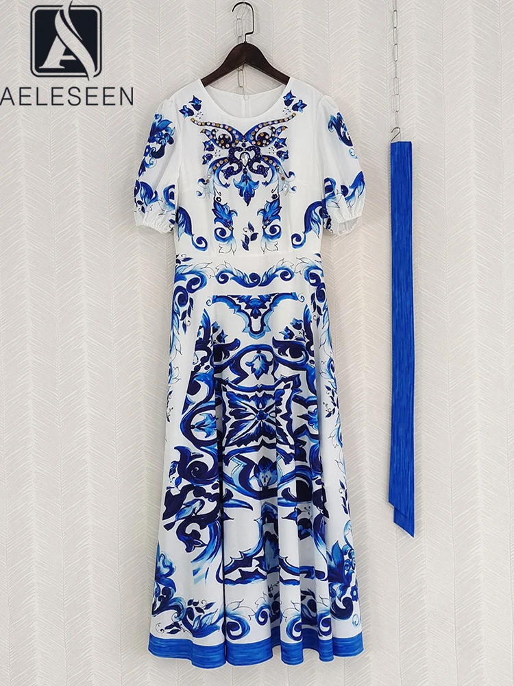 

AELESEEN Runway Fashion Women Summer Dress Porcelian Blue Flower Print Lantern Sleeve Beading Crystal Long Elegant Party