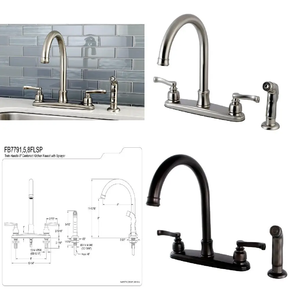 

Unique, Graceful and Stylish 8-Inch Centerset Royale Brushed Nickel Kitchen Faucet with Sprayer - Perfect for Your Home Decor.