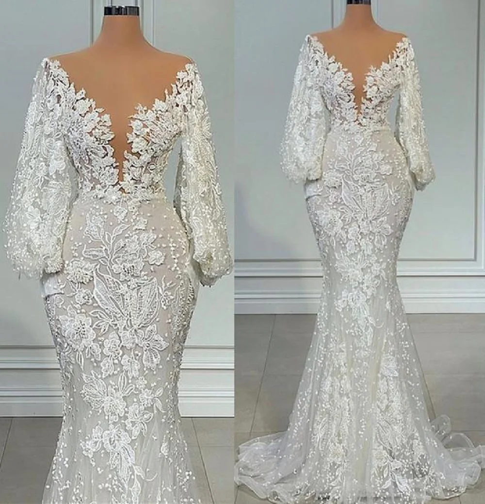 

Long Sleeve Mermaid Wedding Dresses 2022 Sheer Neck Full Lace Floral Beaded African Trumpet Fishtail Beach Aso Ebi Bridal Gowns