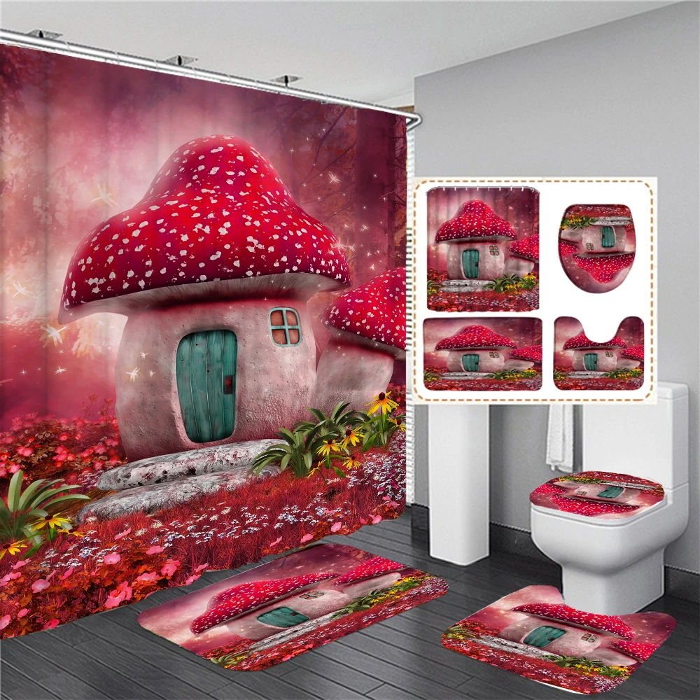 

Dream Forest Shower Curtain Cartoon Mushroom House Waterproof Bath Curtain Bath Mat Set Toilet Rugs Carpets For Bathroom Decor