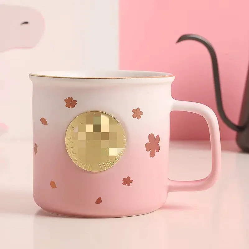 

Cute Pink Cherry Blossom Mug Bronze Medal Coffee Mugs for Girl Gift Coffee Cup Ceramic Water Cup with Logo Star Mug Bucks Cup