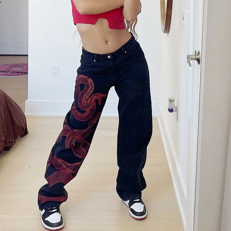 

Gothic Women Black Jeans Dark Academia Streetwear Emo Snake Print Punk Wide Leg Denim Pants Chinese Style Trousers