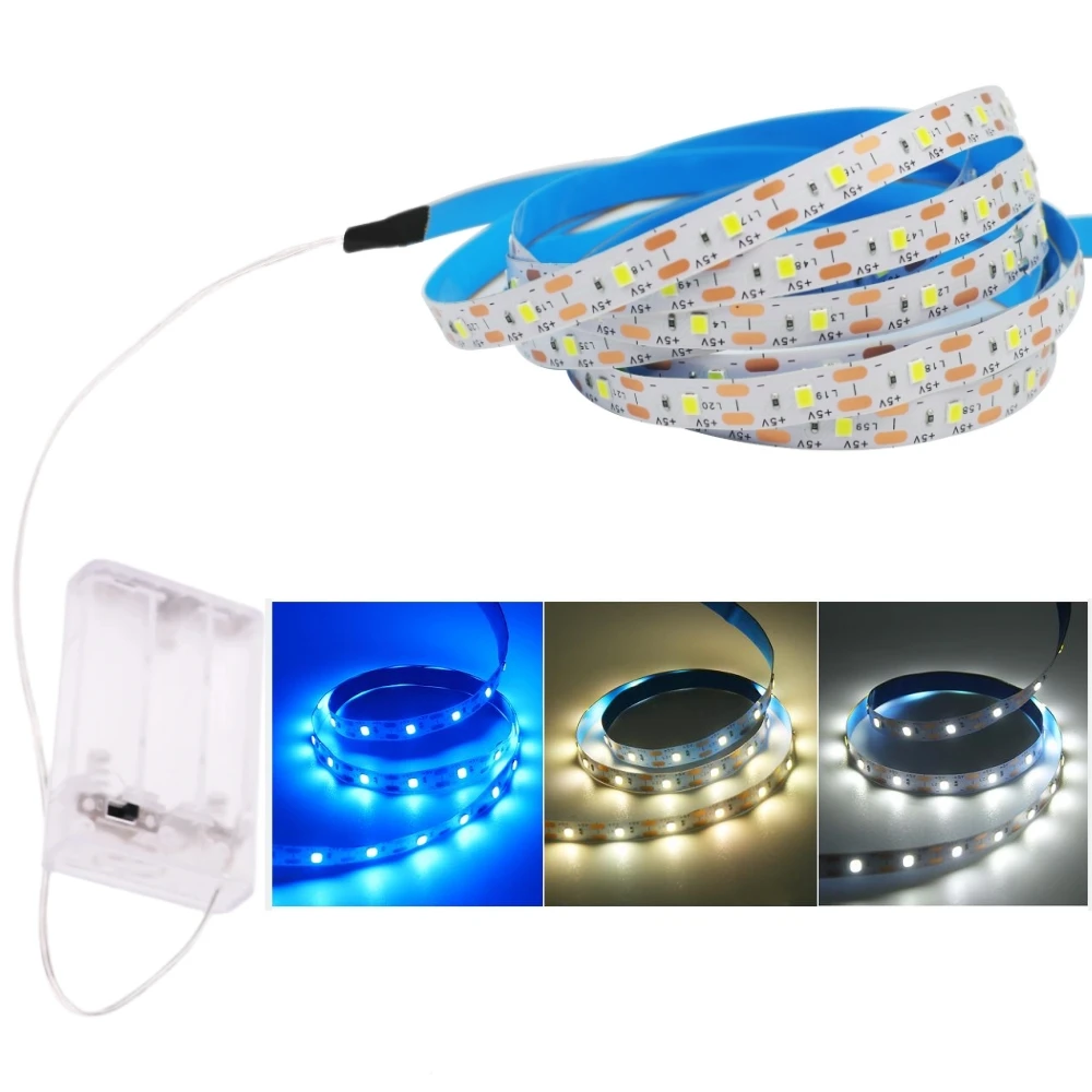 Фото Светодиодная лента с питанием от батарейки AAA, 5 В, белая, теплая, RGB 2835, 60 светодиодов/м, гибкая, 50 см, 1 м, 2 м, 3 м, 5 м, подсветка телевизора, ночная лента с диодами №4