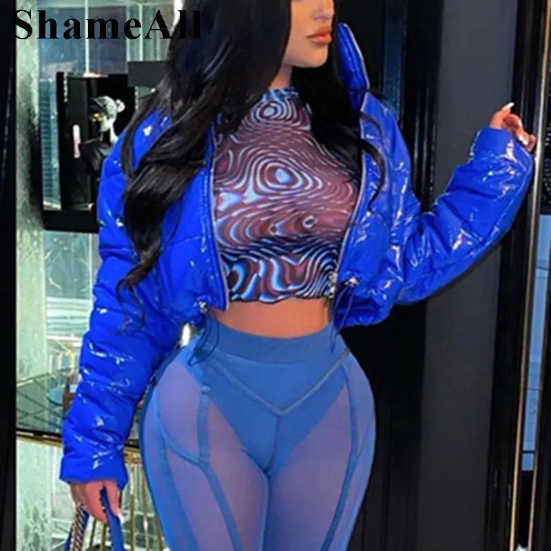 Faux Pu Y2K Pink Bubble Puffer Coats Winter Down Jacket Women Long Sleeve Crop Outerwear Coat Streetwear Warm Oversized Parkas