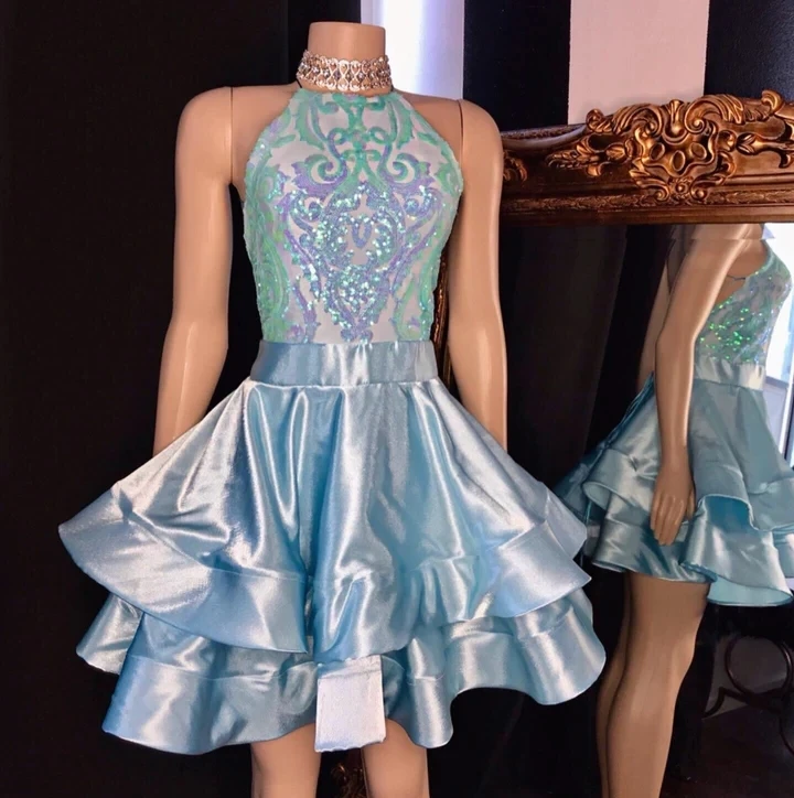 

Blue Halter Backless Women African Cocktail Dresses Sparkle Birthday Party Gowns Short Black Girl Prom Dresses Homecoming