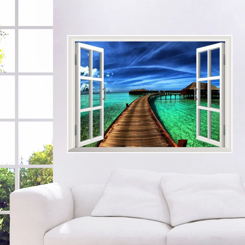 Креативная Съемная Настенная Наклейка с видом на море искусственное окно