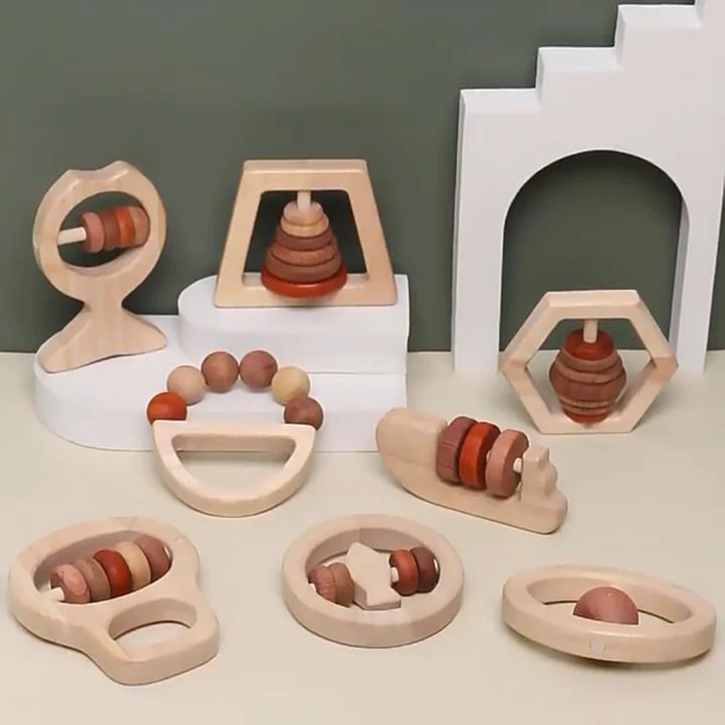 

1pcs Beech Montessori Wooden Rattles Toddler Soothing Grip Toy Educational Musical Baby Toys for Babies Gift