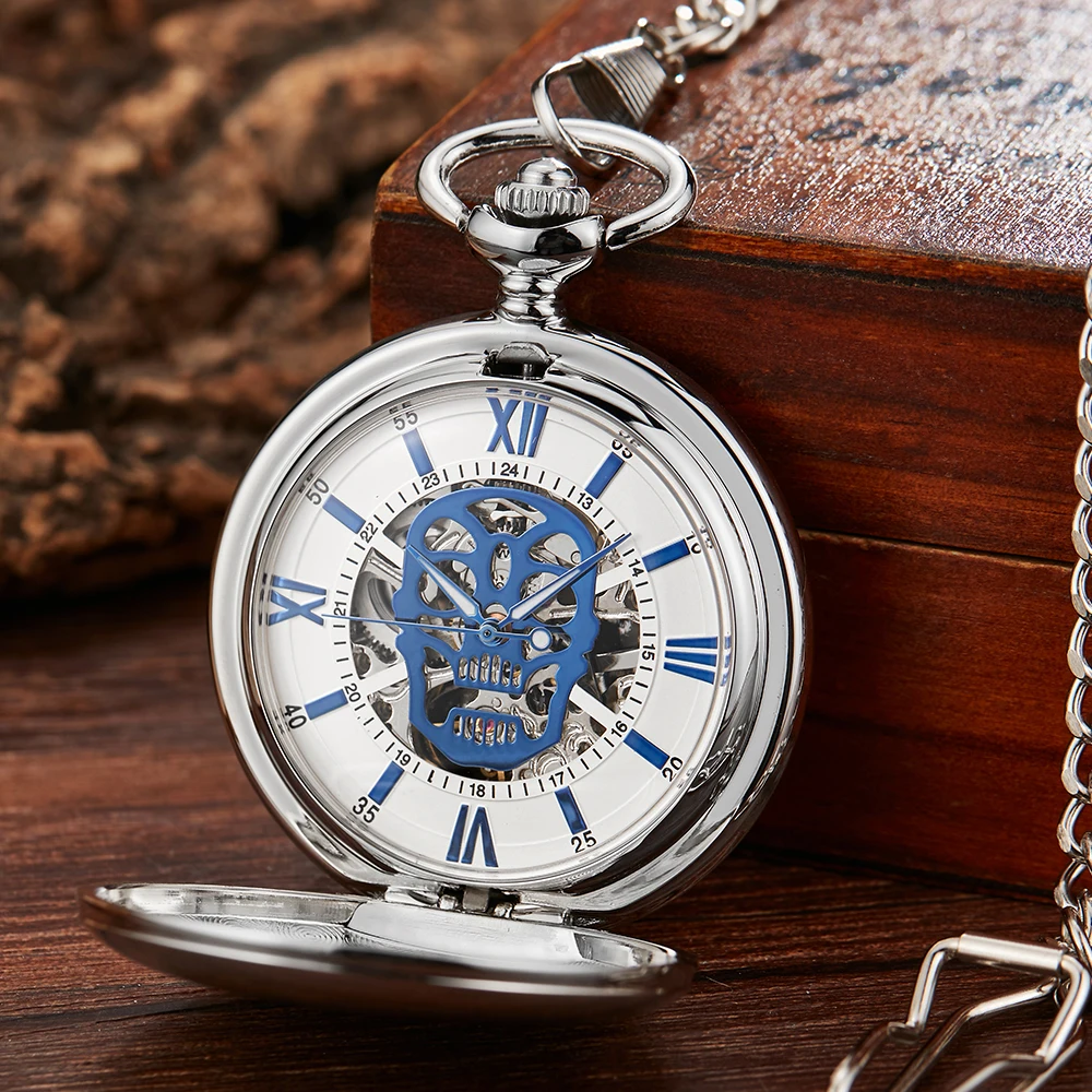 Stainless Steel Mechanical Pocket Watch Gold Silver Skull Skeleton Steampunk Clock FOB Gift Hot Sale Pendant reloj hombre Men
