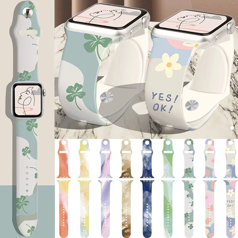 

New Fashion Strap For Apple Watch Band 44mm 40mm 38mm 42 mm Printing Silicone Bracelet iWatch 7 6 SE 5 4 3 41mm 45mm Accessories