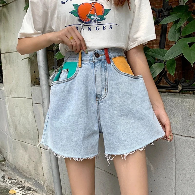 

2021 Summer Ladies Color Patchwork Pocket Women Shorts Female College Style High Waist Denim Short Jean Lady Casual Fashion Wear