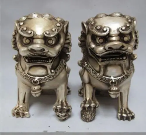 

Rare Chinese Silver Guardian Lion Foo Fu Dog Statue Pair 12cm High