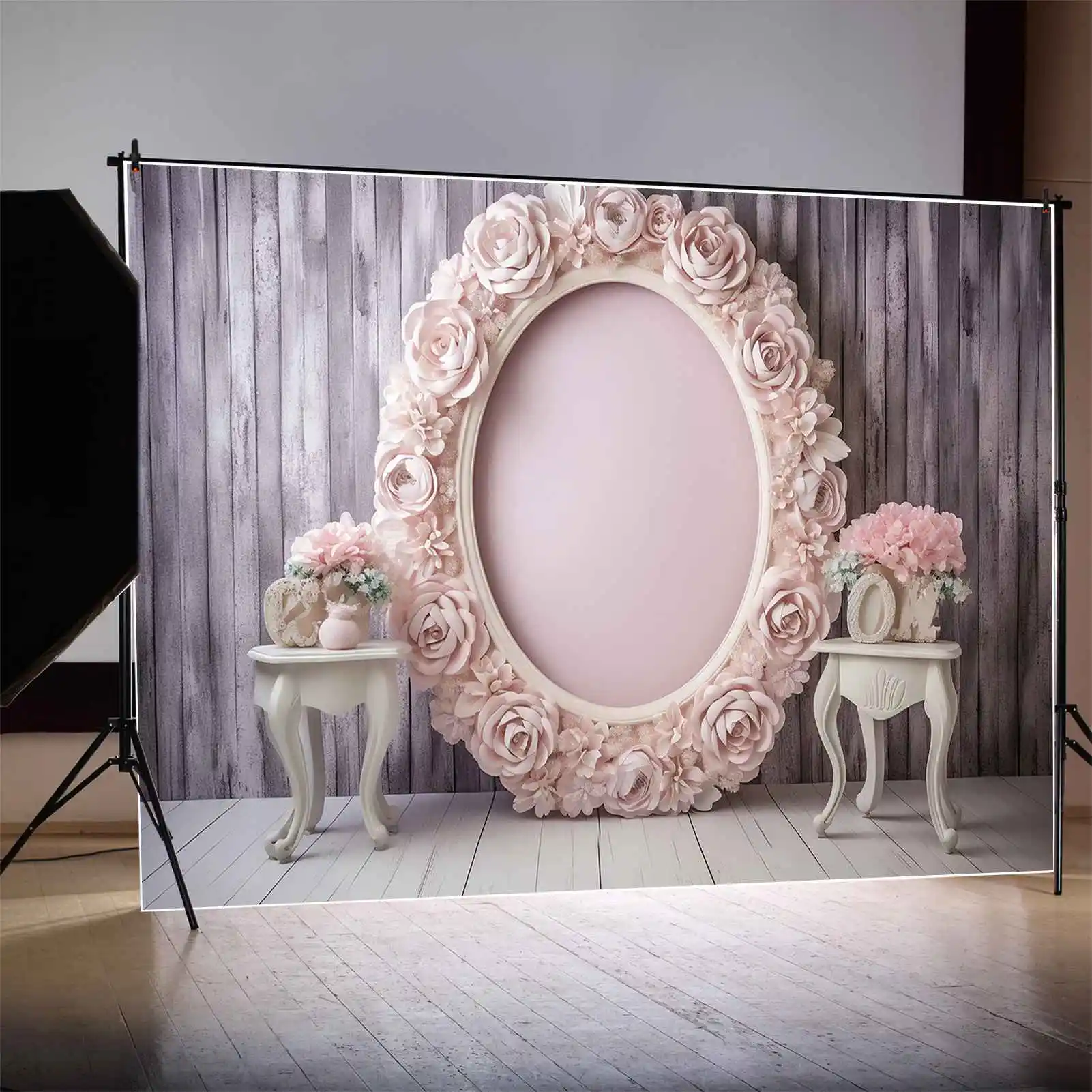

MOON.QG Background Customized Sweet Birthday Flower Oval Frame Photo Booth Backdrop Women Party Props Wood Plank Wall Decoration