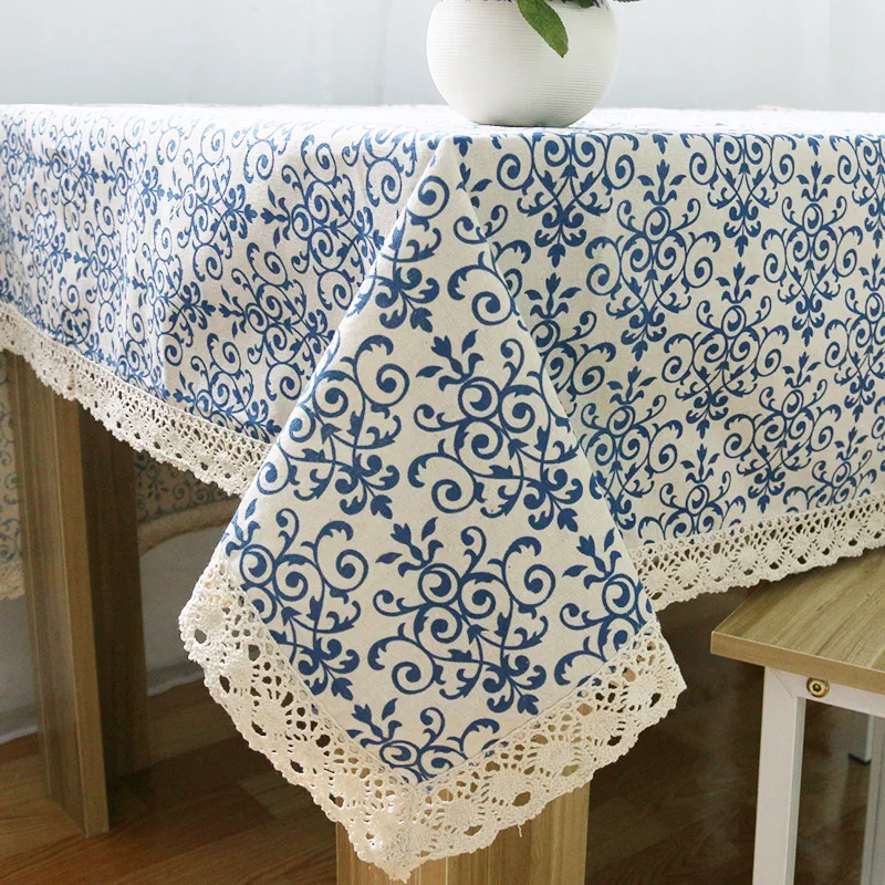 

Blue Celadon Flower Pattern Tablecover Stitching White Tassels Dining Table Cloth