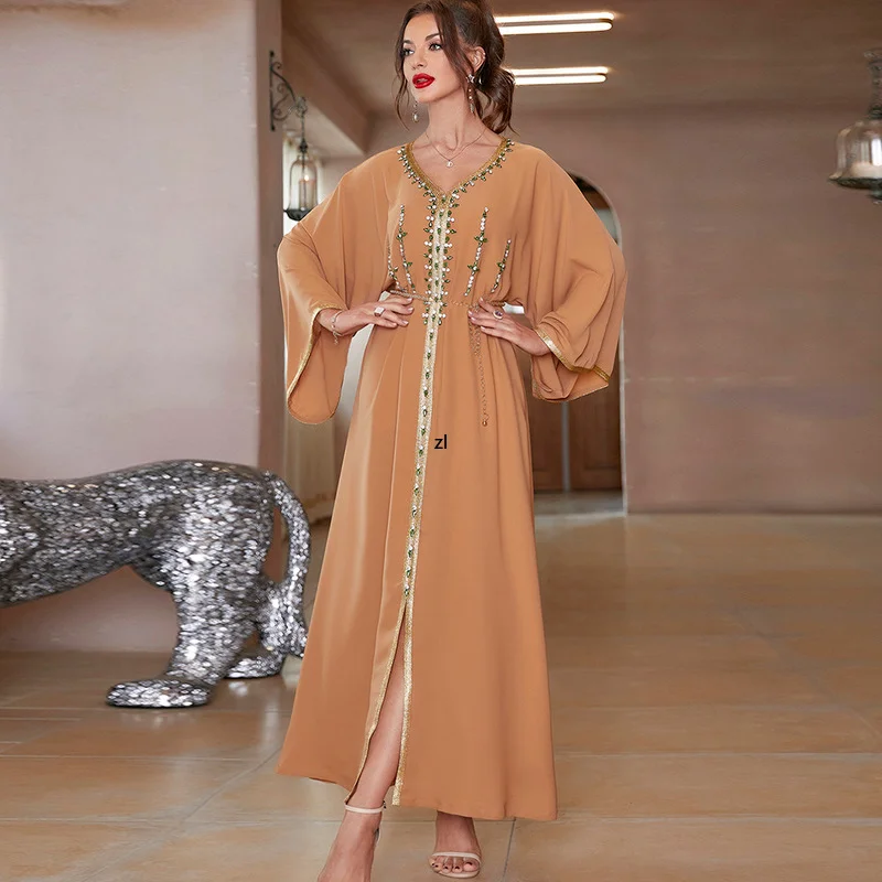 Ramadan Moroccan Kaftan Handsewn Diamonds Dubai Abayas for Women Black Party Evening Long Arabic Dress Muslim Caftan Jalabiya